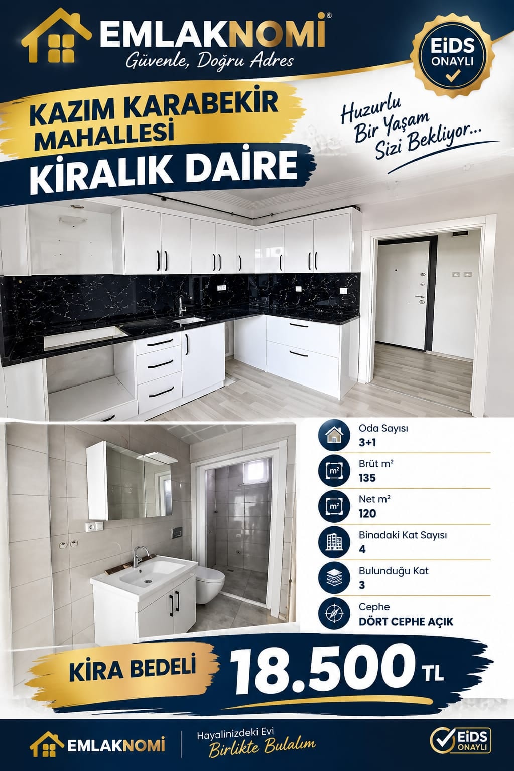 Emlaknomi'den Kazım Karabekır Mahallesi 3+ 1 Kiralık Daire