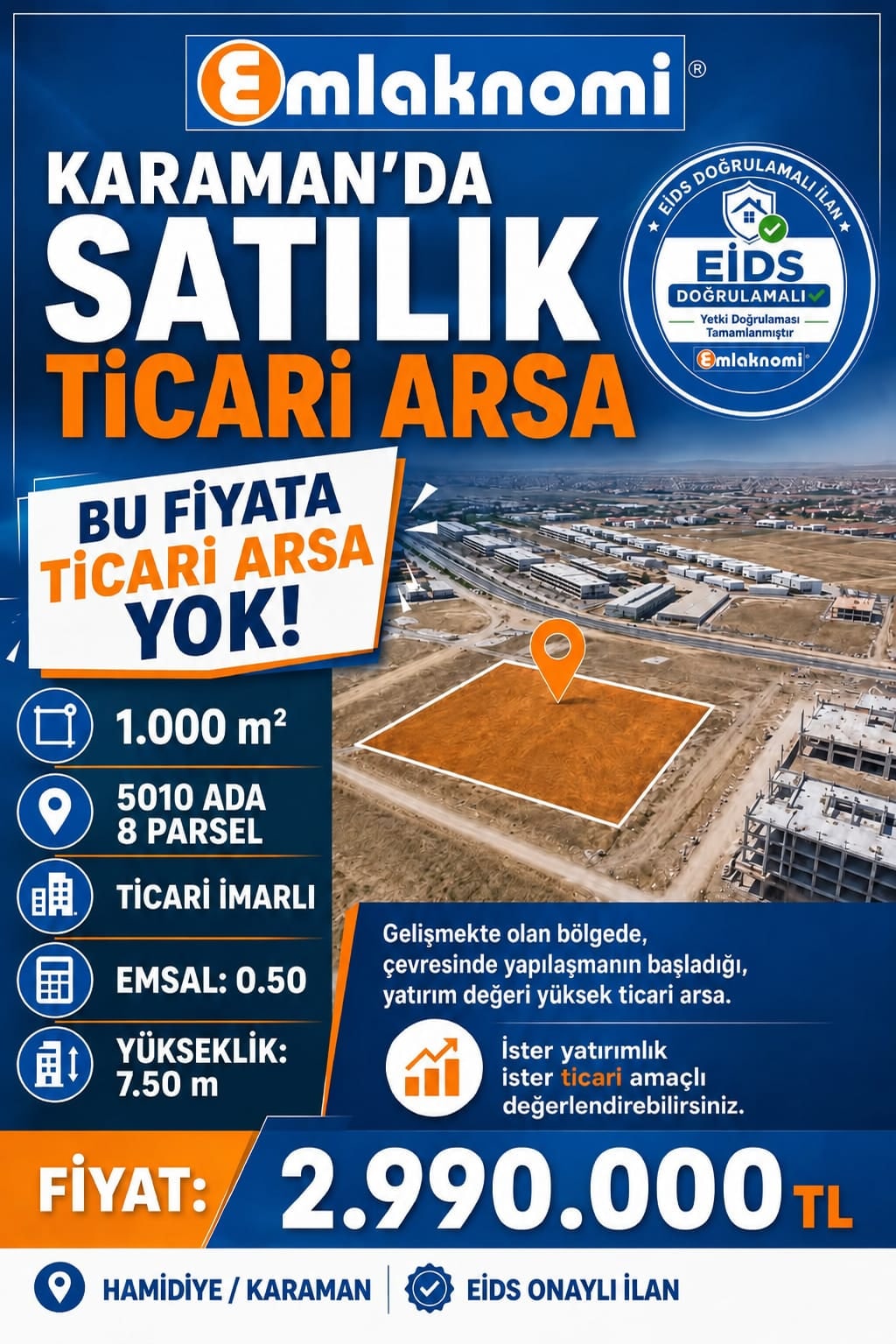 KARAMAN Gelişen Bölgede Satılık 1000 m² Ticari İmarlı Arsa Karaman Hamidiye